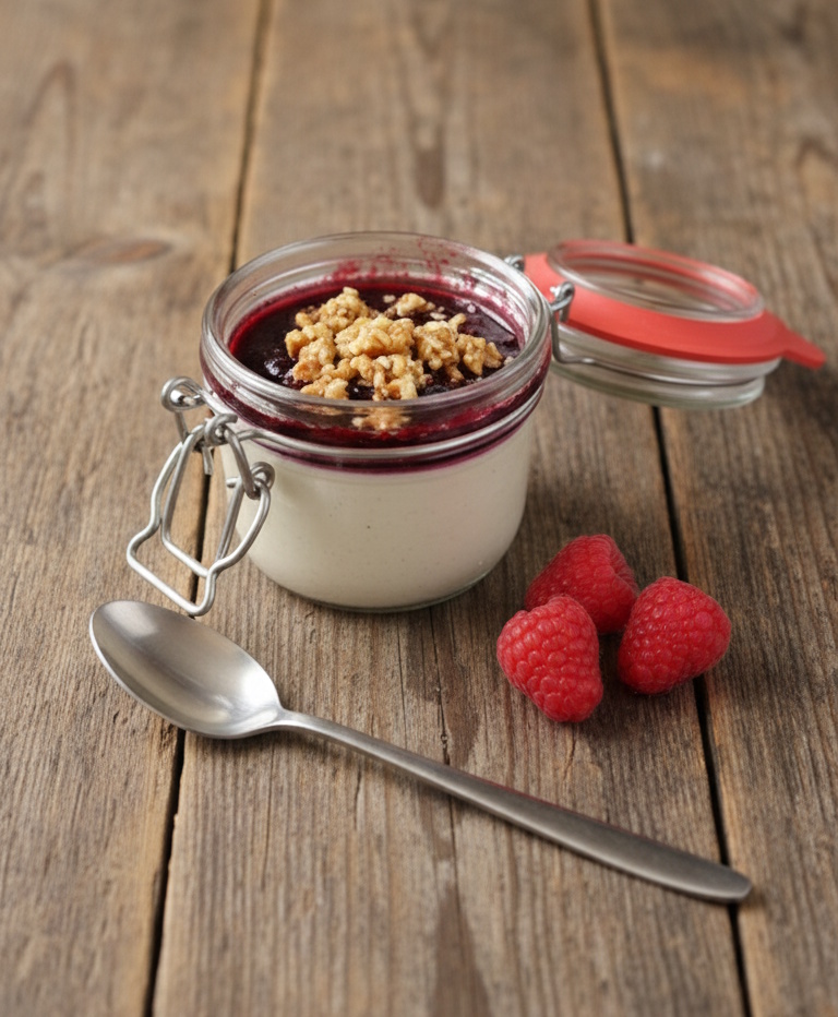 hauseigene himbeercreme und himbeermuß mit crunch toping, 3 himbeereen und ein dessertlöffel, in einem einmachglas mit deckel serviert.
                auf einem alten holztisch